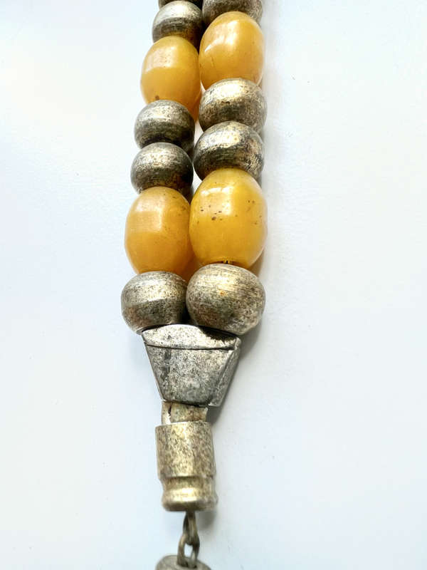 Necklace - Rustic Worry Beads. Amber & Metal on Chain with Metal Tassels ML1901