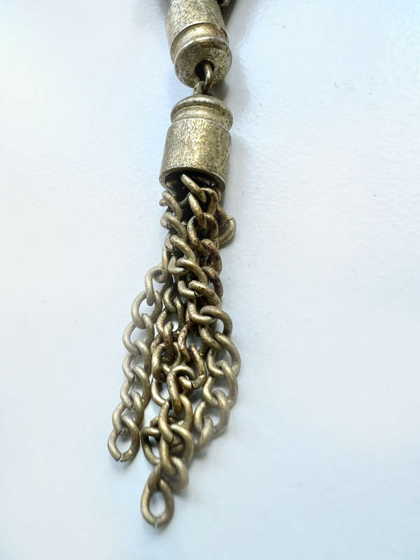Necklace - Rustic Worry Beads. Amber & Metal on Chain with Metal Tassels ML1901