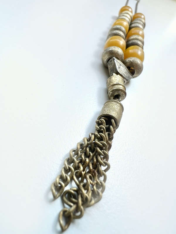 Necklace - Rustic Worry Beads. Amber & Metal on Chain with Metal Tassels ML1901