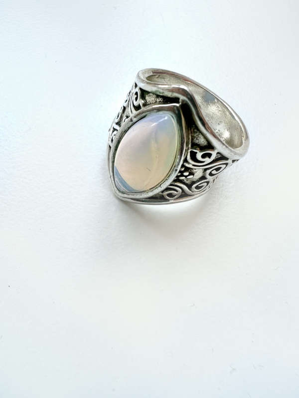 Ring - Vintage with Large Opal Stone. Engraved Pattern on Band ML1903