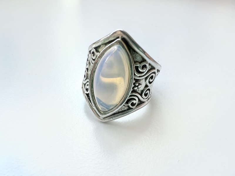 Ring - Vintage with Large Opal Stone. Engraved Pattern on Band ML1903