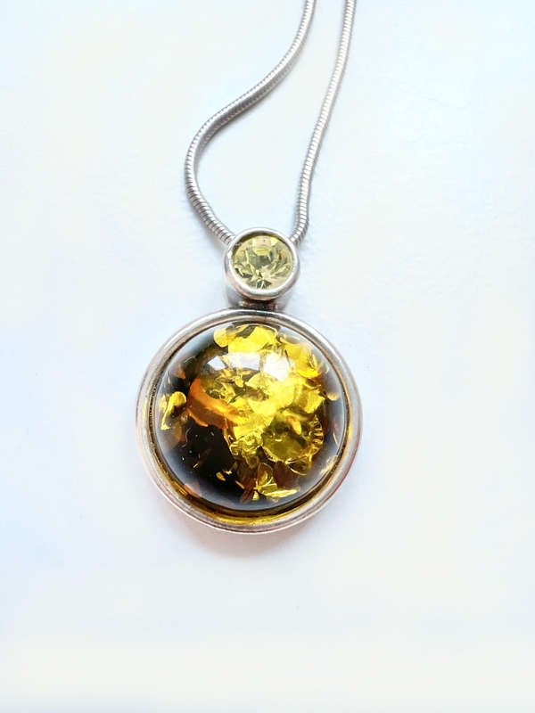 Necklace - 925 Silver Round Amber Stone. Diamante above Stone. Silver Chain ML1915