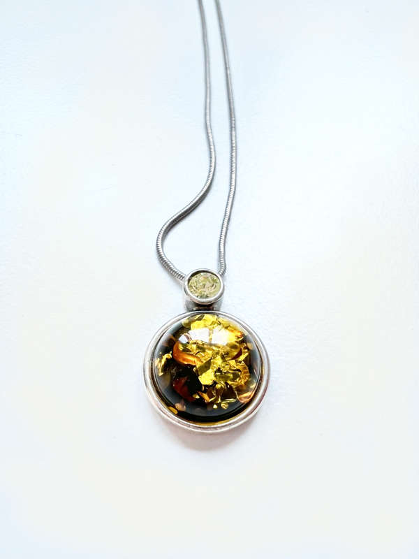 Necklace - 925 Silver Round Amber Stone. Diamante above Stone. Silver Chain ML1915