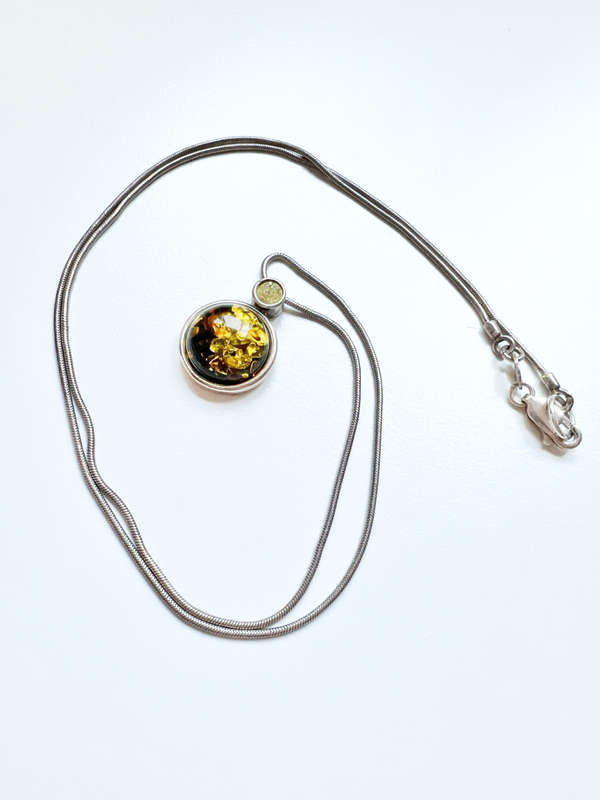 Necklace - 925 Silver Round Amber Stone. Diamante above Stone. Silver Chain ML1915