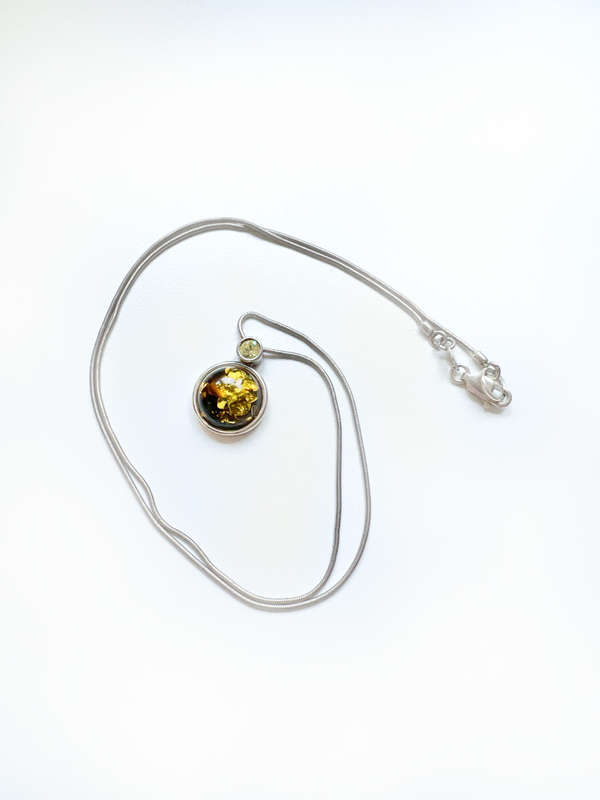 Necklace - 925 Silver Round Amber Stone. Diamante above Stone. Silver Chain ML1915