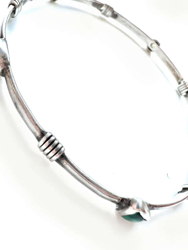 Bangle - 925 Silver Band, Multi Shaped Stones. Multi Colour Strips of Silver in between each Ston...