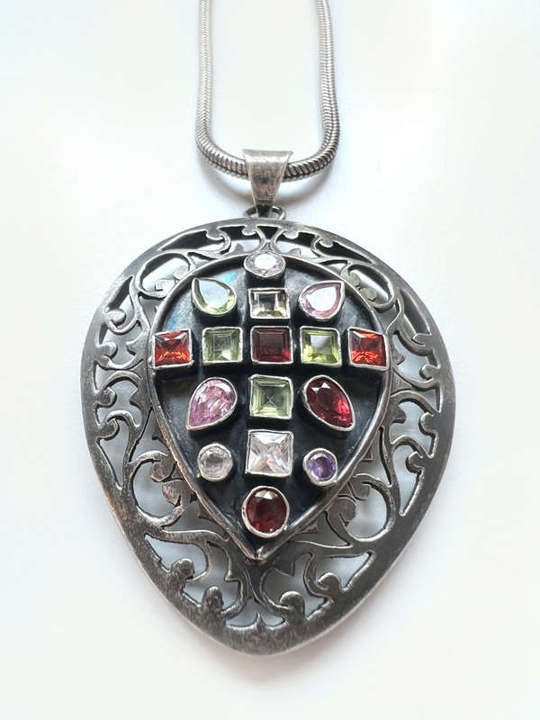 Necklace - 925 Silver Large Rustic Teardrop Shape with Mosaic Type Coloured Stones ML1930