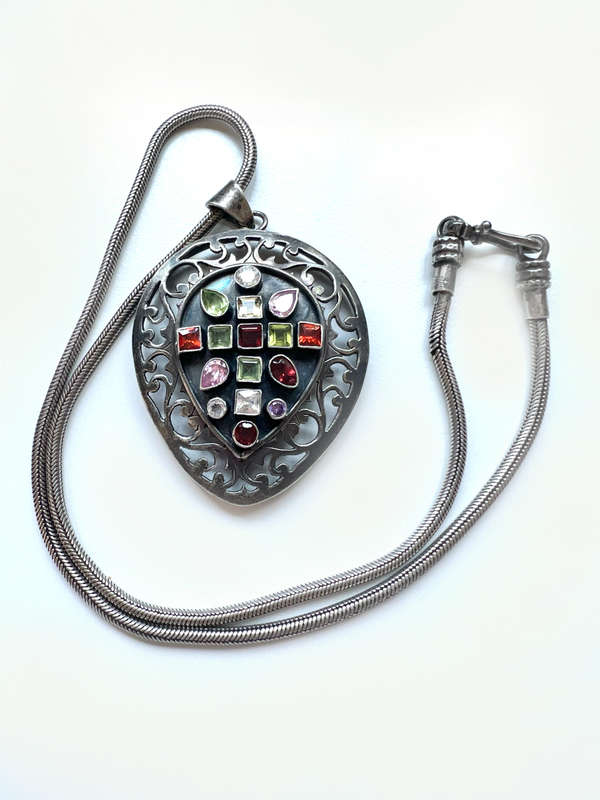Necklace - 925 Silver Large Rustic Teardrop Shape with Mosaic Type Coloured Stones ML1930