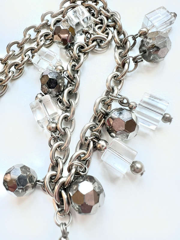 Necklace - Chunky Silver Chain with Plastic Dangle Beads, Dangle Hearts and Silver Tone Beads ML1933