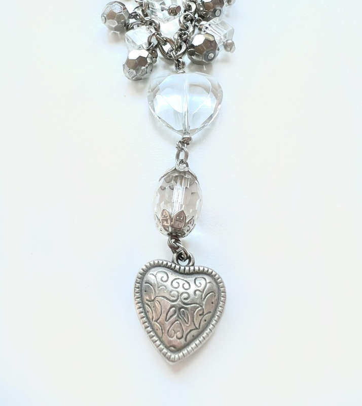 Necklace - Chunky Silver Chain with Plastic Dangle Beads, Dangle Hearts and Silver Tone Beads ML1933