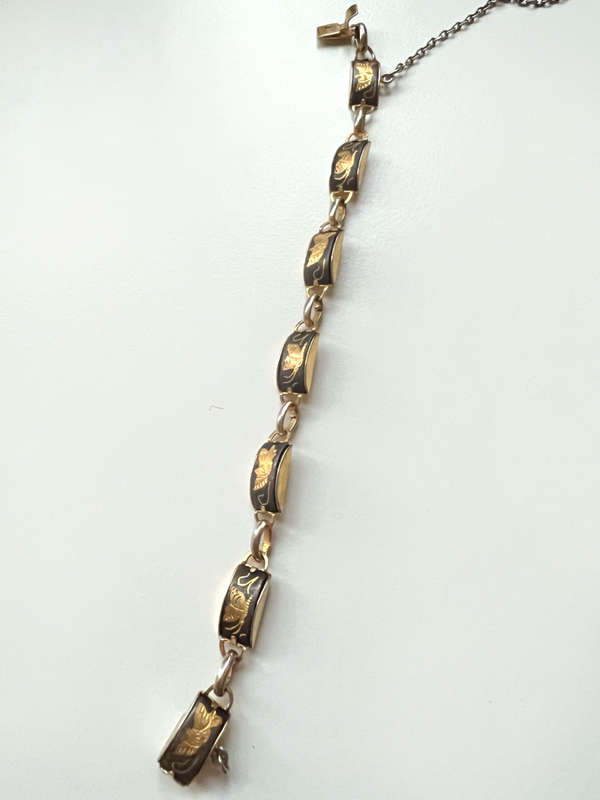 Bracelet - Vintage Black and Gold Tone with Butterflies & Birds ( Slightly Tarnished back of Link...