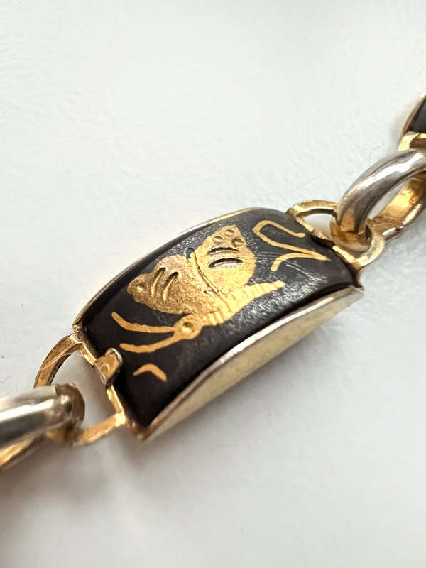 Bracelet - Vintage Black and Gold Tone with Butterflies & Birds ( Slightly Tarnished back of Link...