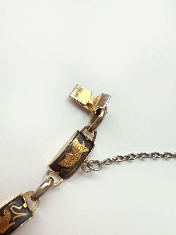 Bracelet - Vintage Black and Gold Tone with Butterflies & Birds ( Slightly Tarnished back of Link...
