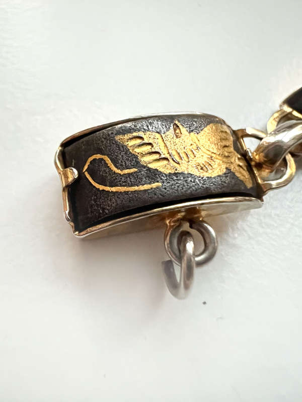 Bracelet - Vintage Black and Gold Tone with Butterflies & Birds ( Slightly Tarnished back of Link...