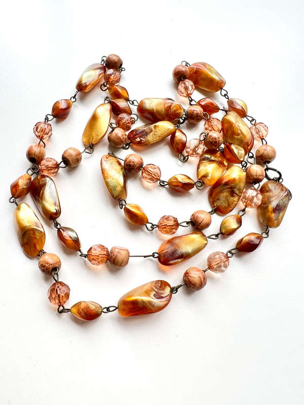 Necklace - Vintage Double Strand Design. Copper & Amber Coloured Irregular Size Beads ML1954