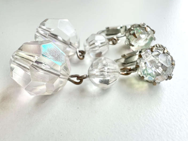 Earrings - Vintage Silver Tone Clip Ons. Dangle Style Iridescent Balls ML1956