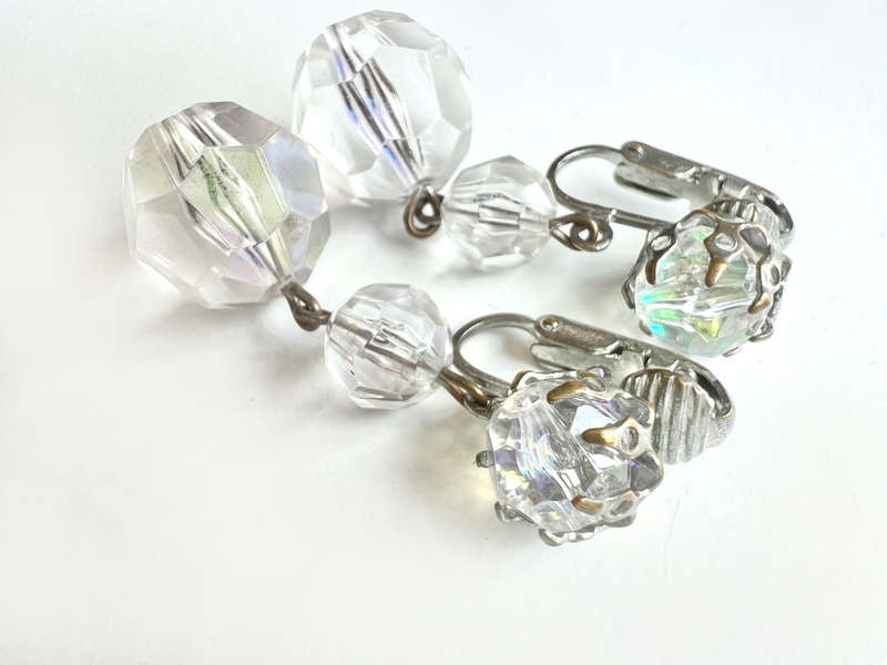 Earrings - Vintage Silver Tone Clip Ons. Dangle Style Iridescent Balls ML1956
