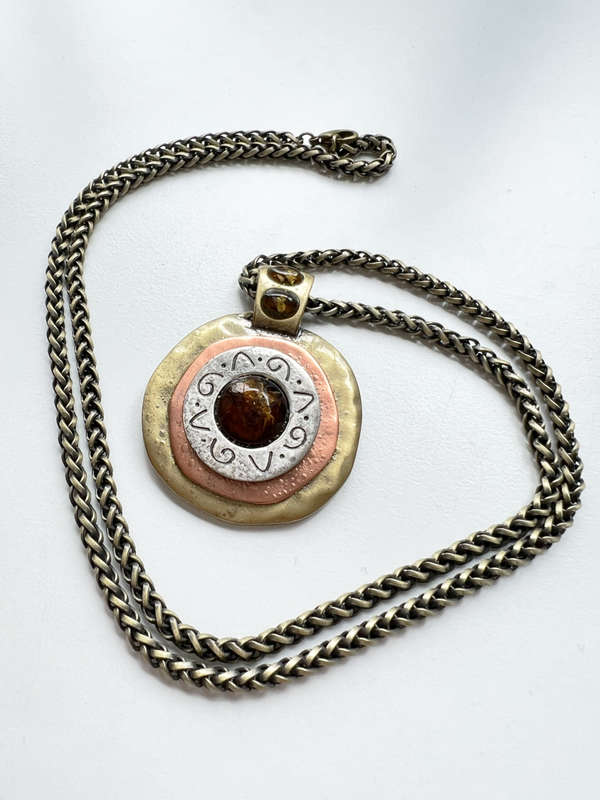 Necklace - Vintage Hammered Metal Pendant with Chain. Copper Colour Chain ML1964