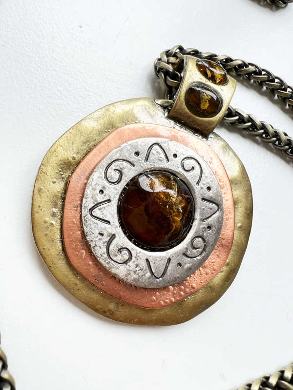 Necklace - Vintage Hammered Metal Pendant with Chain. Copper Colour Chain ML1964