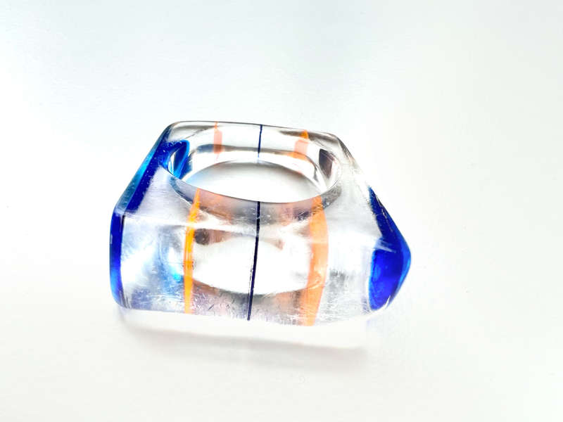 Ring - Vintage Striped Lucite Ring. Blue and Orange Colour ML1967