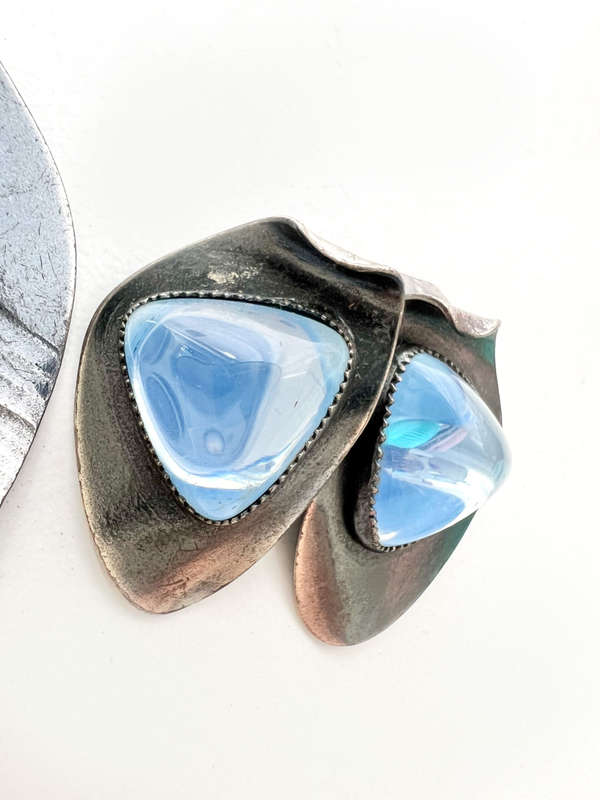 Set - Vintage Dark Grey Metal with Pale Blue Glass Bead in each. Clip Ons ML1973