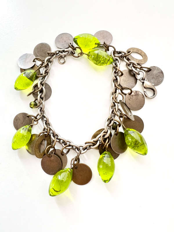 Bracelet - Silver Tone Green Glass Beads with Copper Tone Rings in between Each Bead ML1975