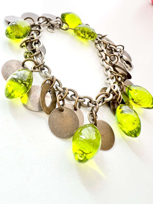 Bracelet - Silver Tone Green Glass Beads with Copper Tone Rings in between Each Bead ML1975