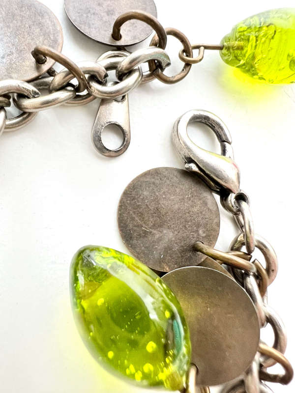 Bracelet - Silver Tone Green Glass Beads with Copper Tone Rings in between Each Bead ML1975