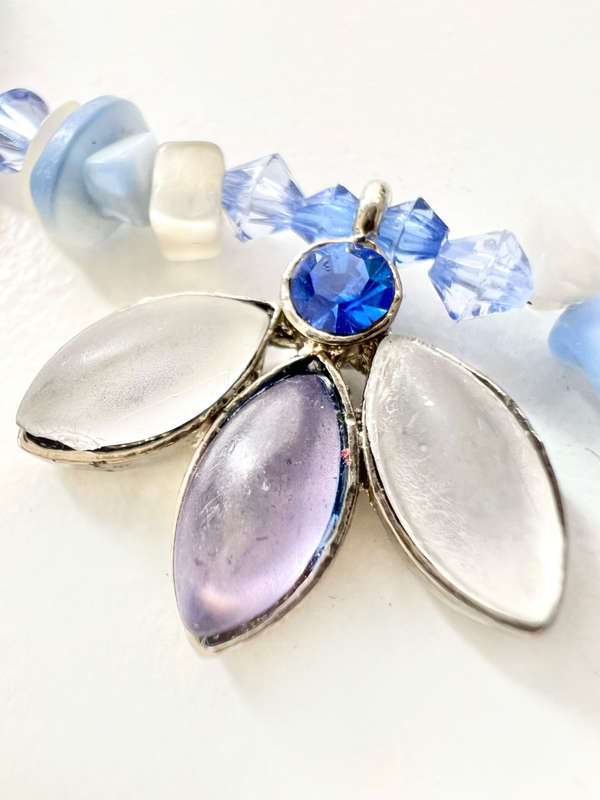 Necklace - Vintage Blue/Purple Silver Tone with half Flower in centre, different size Glass Beads...