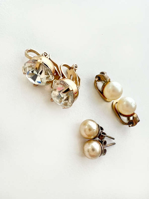 Set - Vintage Faux Pearl 1) Clip Ons 2) Clip On Gold Tone with Large Glass Bead 3) Diamante Gold ...