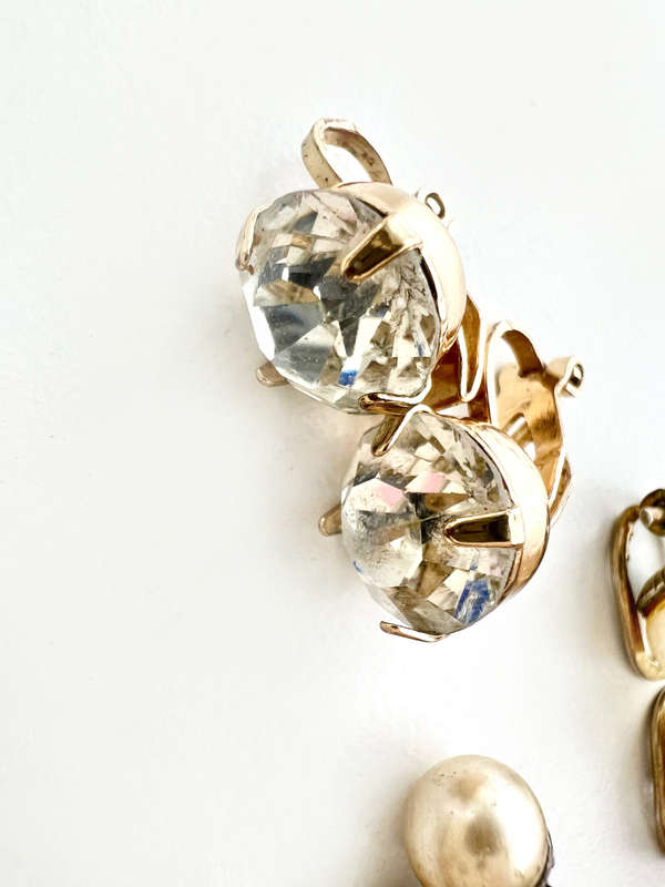 Set - Vintage Faux Pearl 1) Clip Ons 2) Clip On Gold Tone with Large Glass Bead 3) Diamante Gold ...