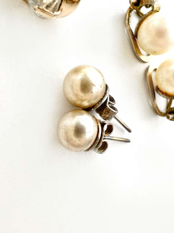 Set - Vintage Faux Pearl 1) Clip Ons 2) Clip On Gold Tone with Large Glass Bead 3) Diamante Gold ...