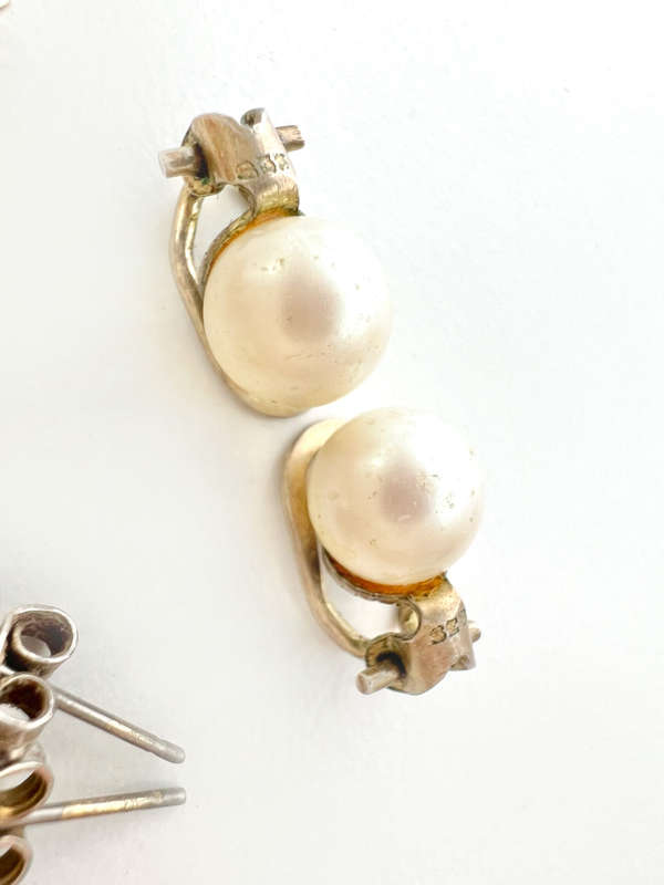 Set - Vintage Faux Pearl 1) Clip Ons 2) Clip On Gold Tone with Large Glass Bead 3) Diamante Gold ...