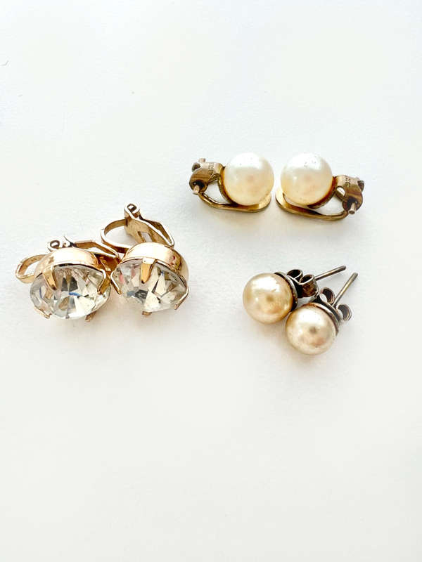 Set - Vintage Faux Pearl 1) Clip Ons 2) Clip On Gold Tone with Large Glass Bead 3) Diamante Gold ...