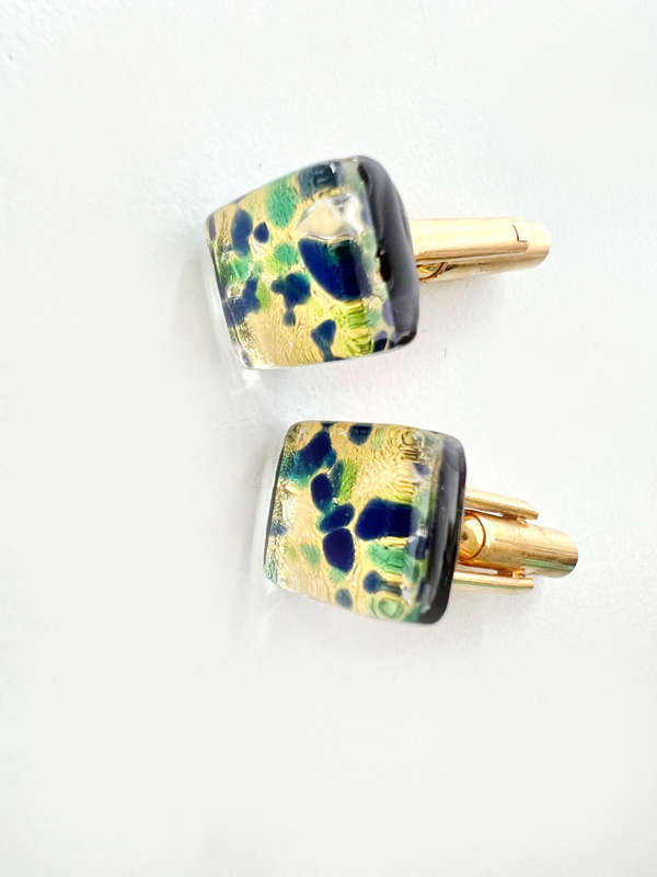 Cufflinks - Vintage Gold Tone Murano Glass Colours. Black, Gold, Blue & Green Glass ML1986