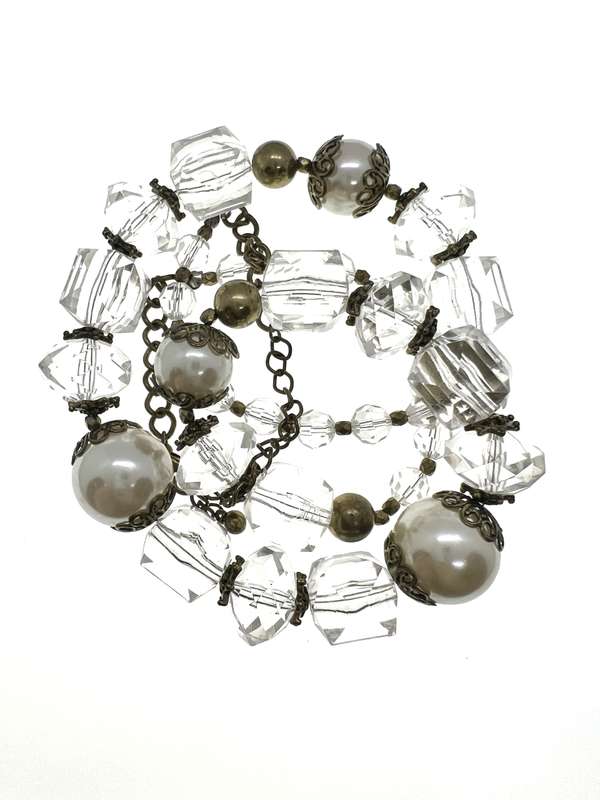 Necklace - Vintage Bronze Tone Necklace with Plastic Beads and Faux Pearls - ML2224
