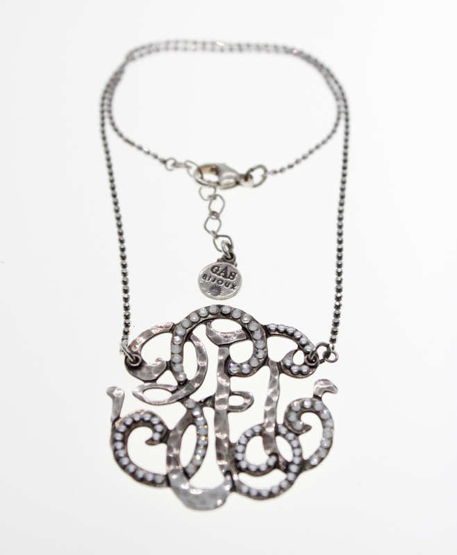 Necklace - Vintage Silver Tone Necklace with Studded Rhinestones, Stamped Gas Bijoux - ML2302