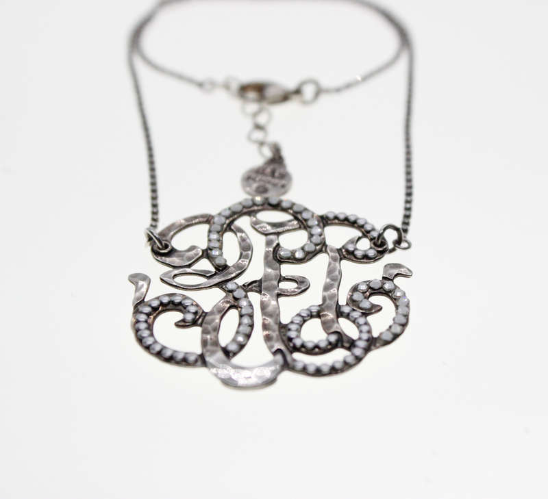 Necklace - Vintage Silver Tone Necklace with Studded Rhinestones, Stamped Gas Bijoux - ML2302