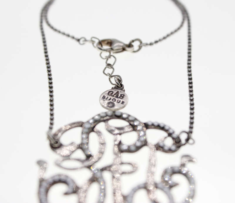 Necklace - Vintage Silver Tone Necklace with Studded Rhinestones, Stamped Gas Bijoux - ML2302