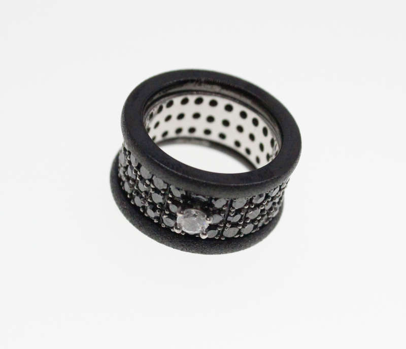 Rings - 2 x Stainless Steel Matte Black Del Coursy and 925 Silver Ring with Black Stones - ML2309