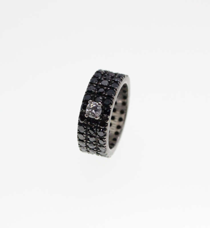 Rings - 2 x Stainless Steel Matte Black Del Coursy and 925 Silver Ring with Black Stones - ML2309
