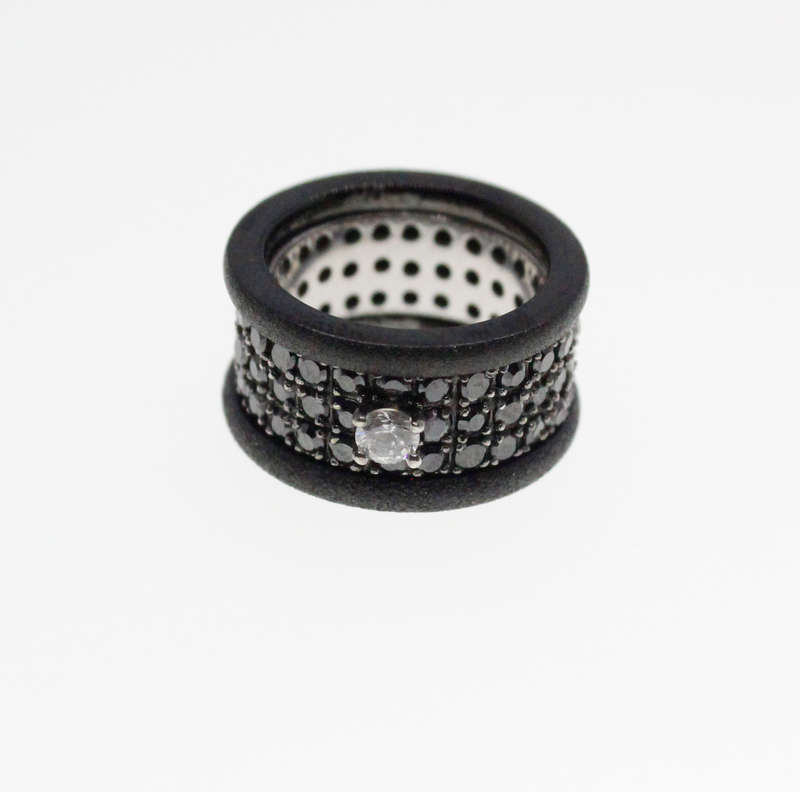 Rings - 2 x Stainless Steel Matte Black Del Coursy and 925 Silver Ring with Black Stones - ML2309