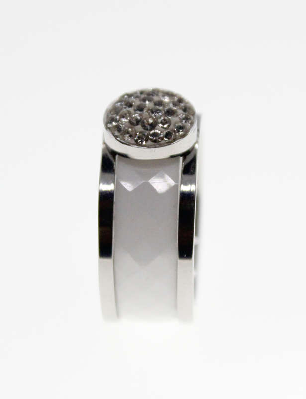 Ring - Cabachon Style White Ring, Stamped Ceramics S.Stad Band - ML2311