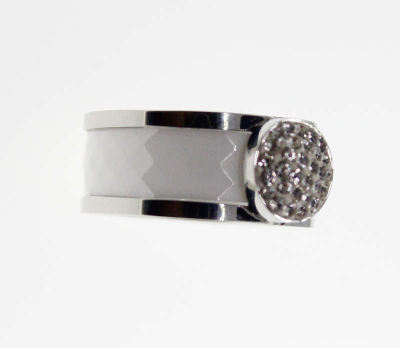 Ring - Cabachon Style White Ring, Stamped Ceramics S.Stad Band - ML2311