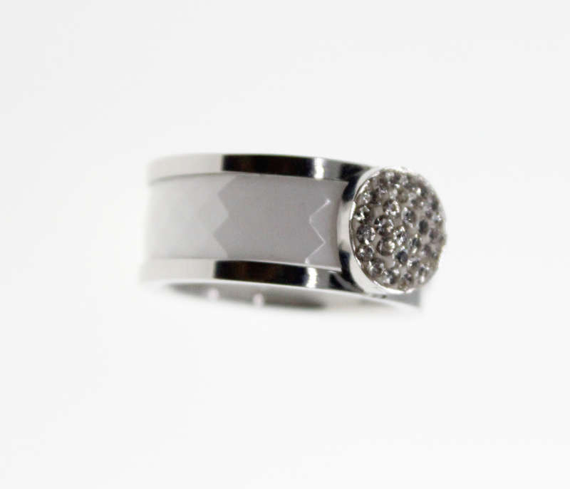 Ring - Cabachon Style White Ring, Stamped Ceramics S.Stad Band - ML2311