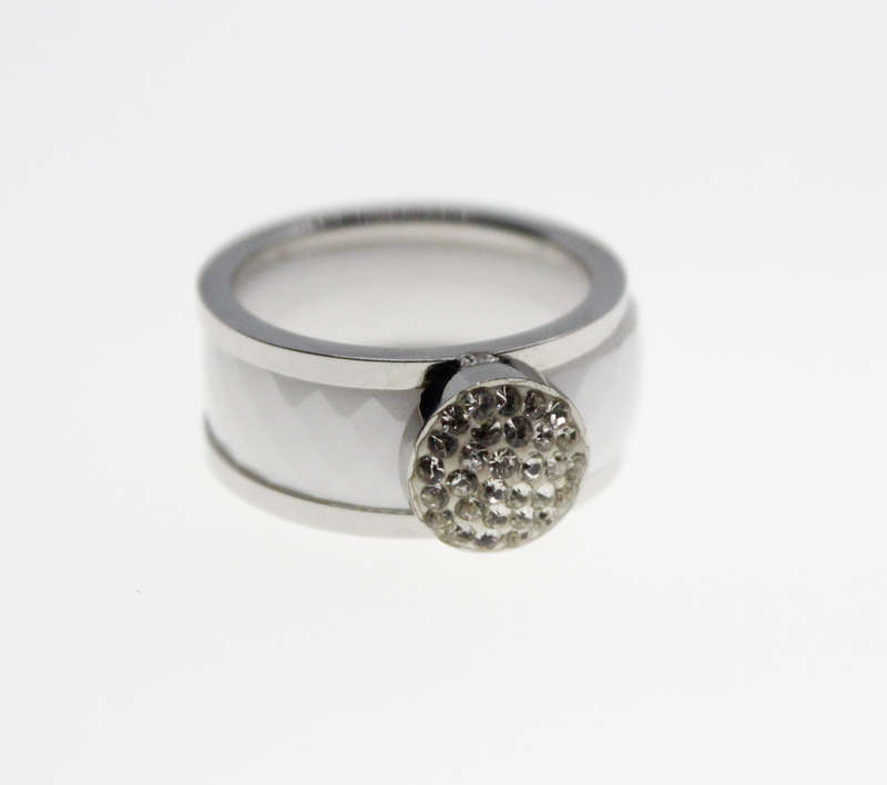 Ring - Cabachon Style White Ring, Stamped Ceramics S.Stad Band - ML2311