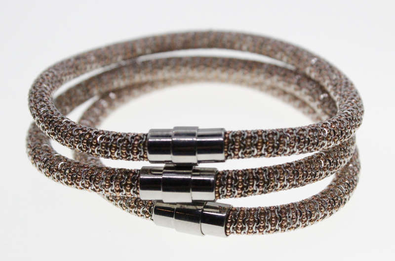 Bracelets - 3 x Rose Pink/Silver/ Tone Sparkly Bracelets with Magnetic Clasps - ML2312