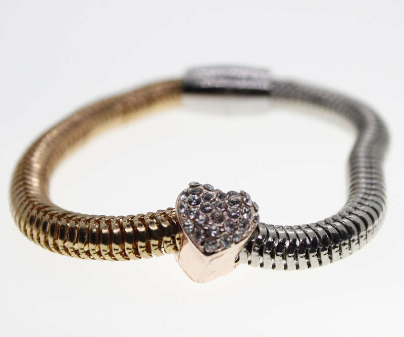 Bracelet - Two Tone (Silver/Gold) Bracelet with Diamante Heart.  Magnetic Clasp - ML2313