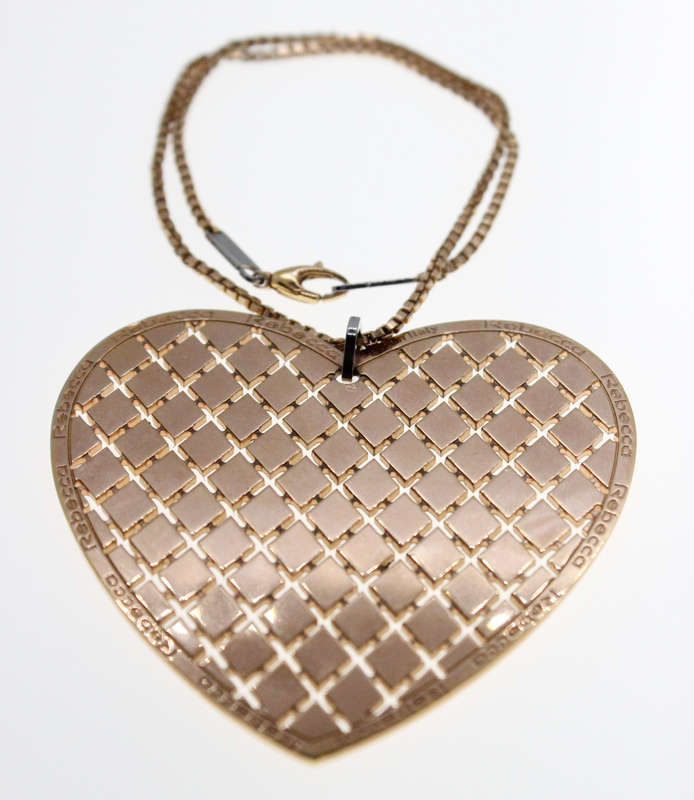 Pendant - Large Gold Tone Lattice Heart stamped Rebecca. Gold Tone Box Chain Made in Italy - ML2314