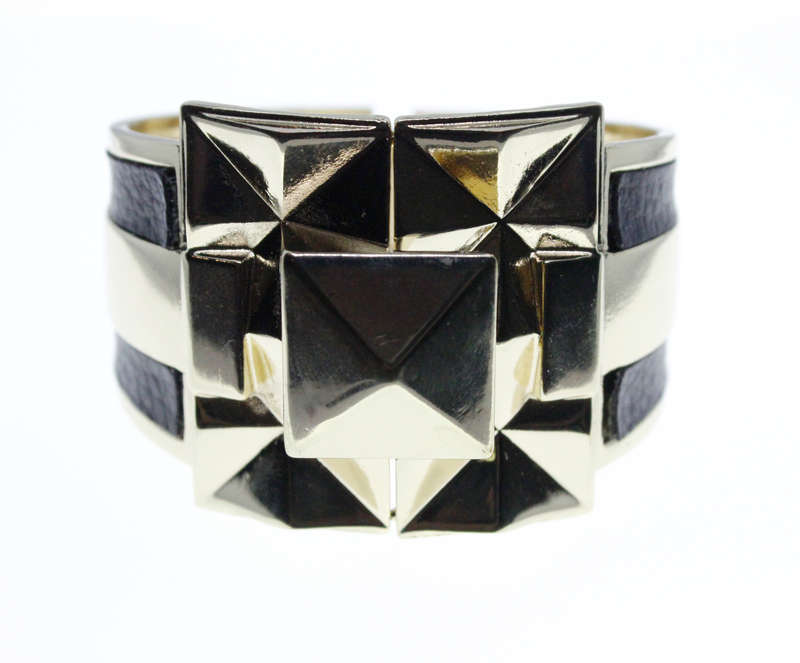 Bangle - Vintage Gold Tone Square in Middle of Triangle Pattern. Black Leather Type Bands - ML2315